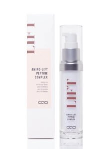 Bottle of CACI's award winning Amino Lift Peptide Complex alongside its box